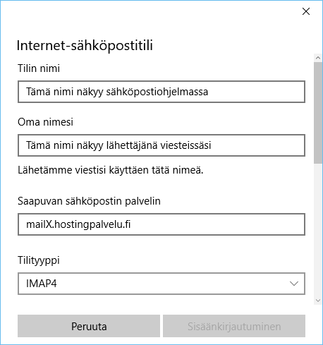 Windows 10 sähköpostitilin luominen - asetukset