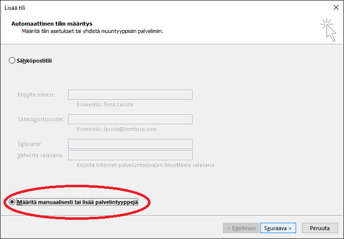 Sähköpostitilin lisääminen Outlook 2016 ohjelmaan