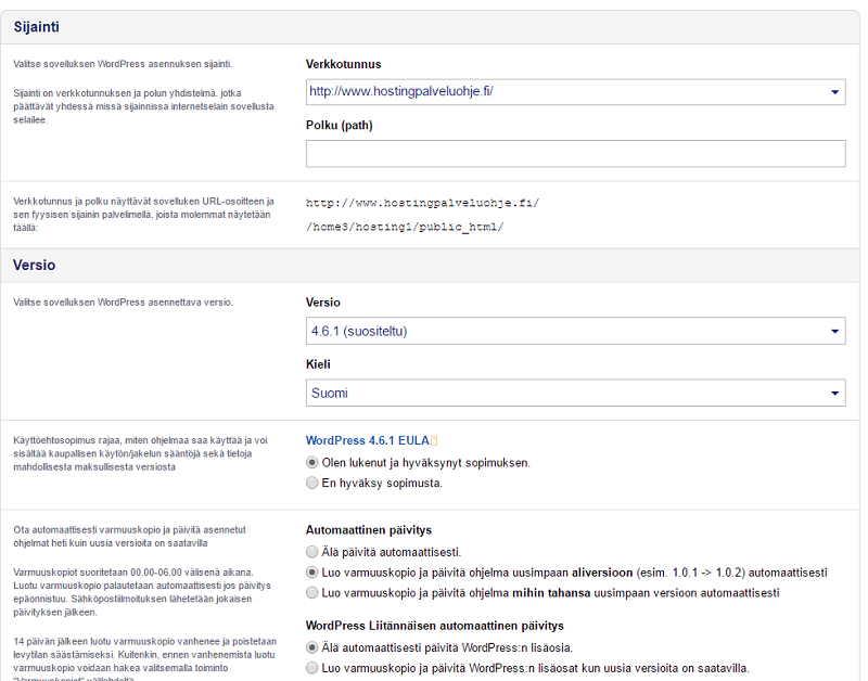 Wordpressin asentaminen asennusohjelmalla