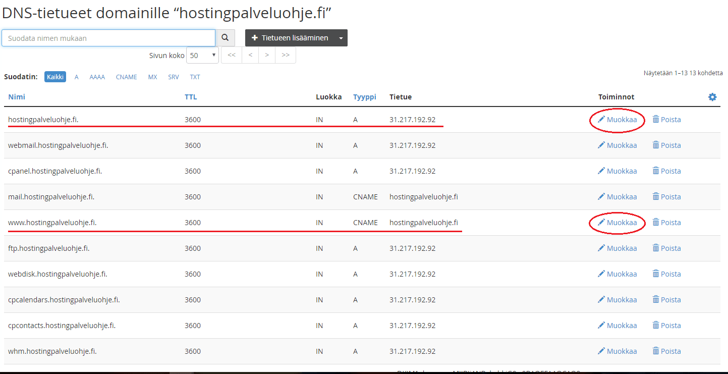 Verkkotunnuksen ohjaus finqun palveluun