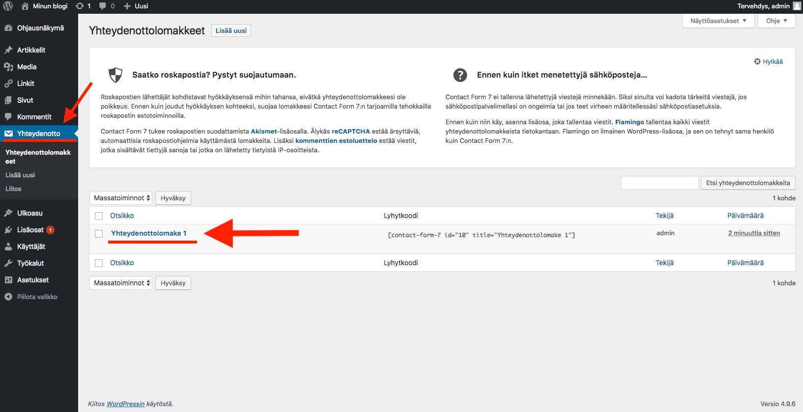 WordPress ohjeet - yhteydenottolomakelisäosa