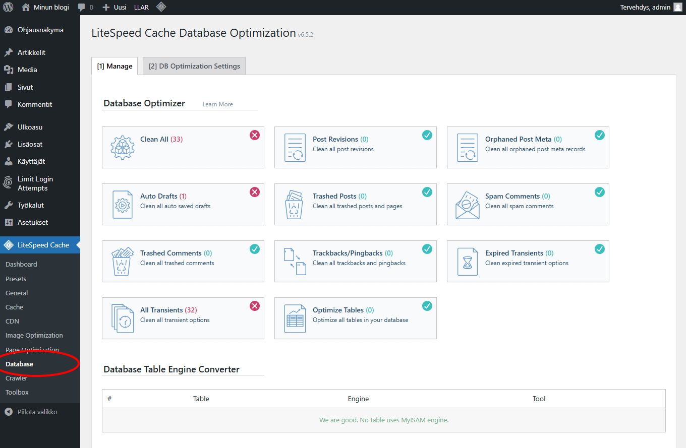 LiteSpeed Cache lisäosan Database -sivu.