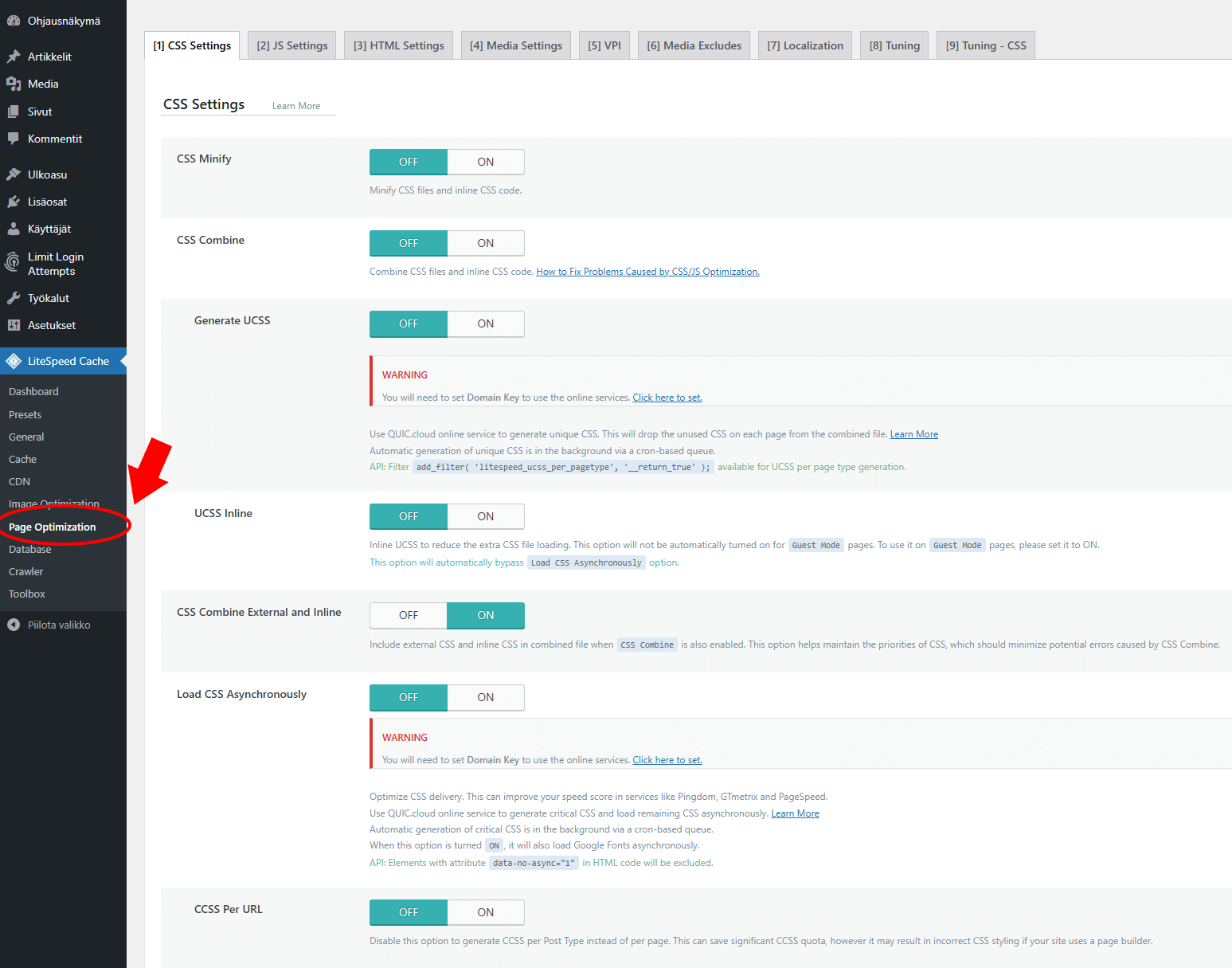 LiteSpeed Cache, Page Optimization. Sivujen sisällön optimointi, kuten lähdekoodin, CSS ja JS tiedostojen.