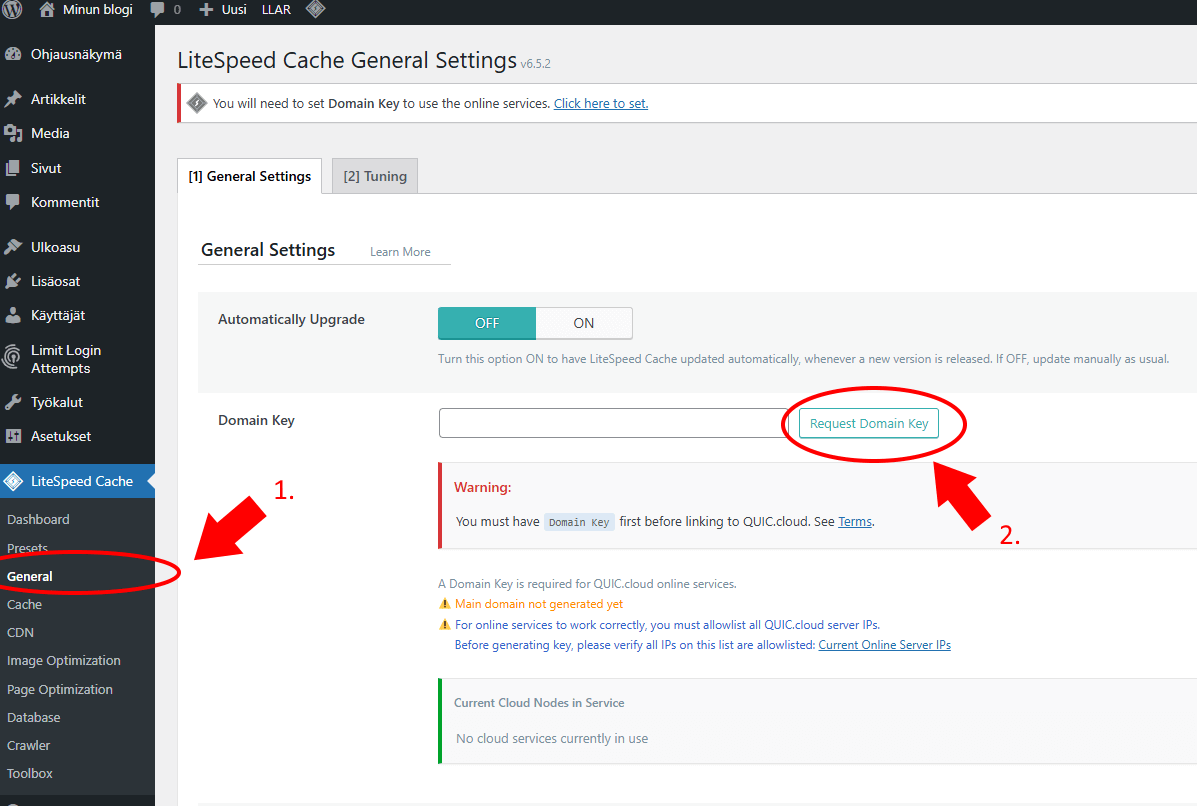 LiteSpeed Cache, domain avaimen (domain key) hakeminen.