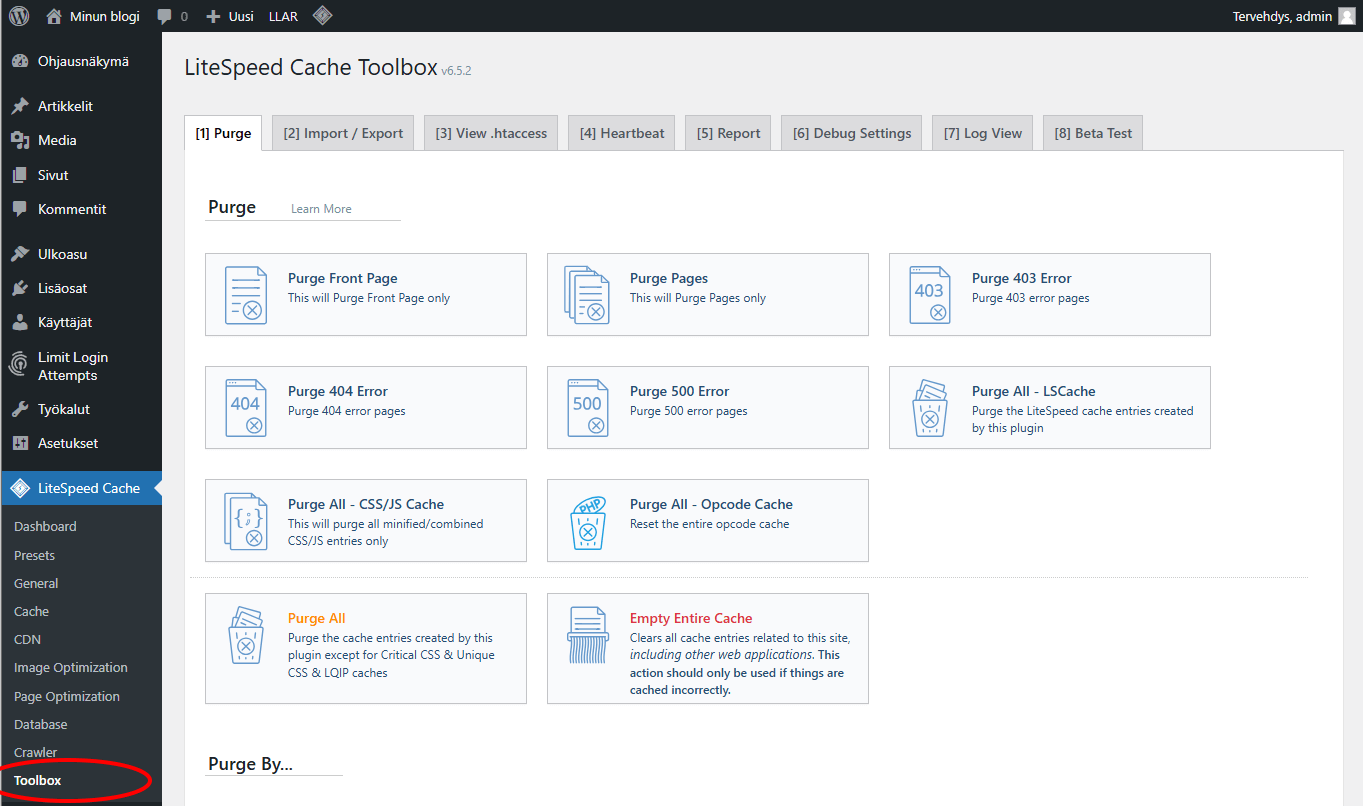 LiteSpeed Cache, Toolbox sivun sisältö.