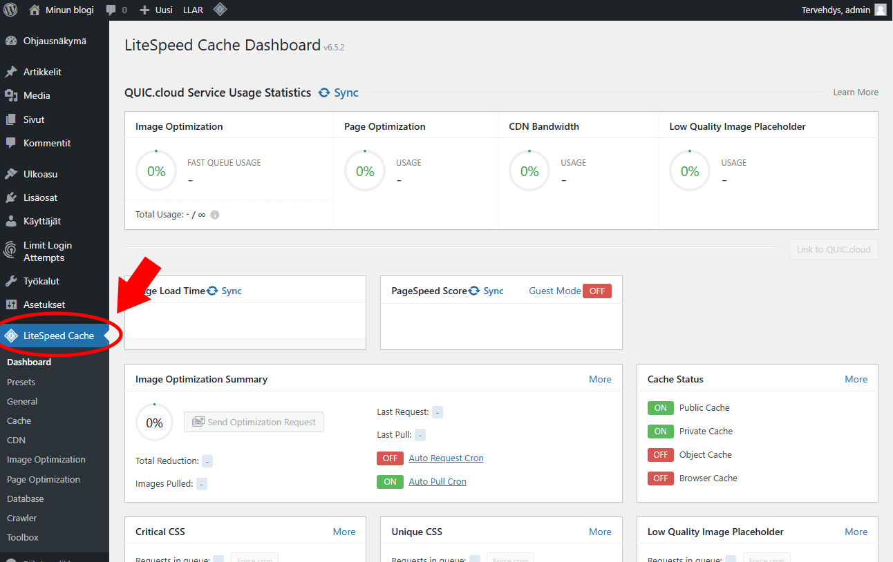 Ohje kuinka löytää LiteSpeed Cache WordPressin hallinnasta, vasemmasta valikosta.