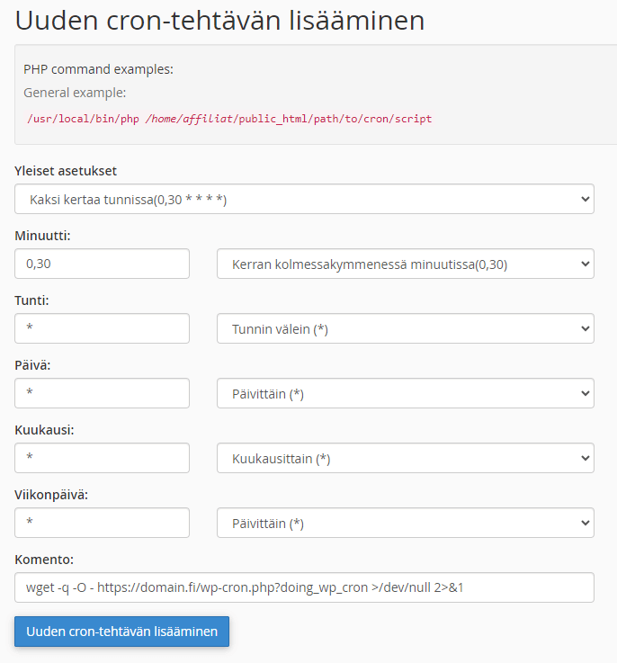 cPanel ajastettujen tehtävien luominen, WordPress wp-cron tehtävän luominen käyttöliittymä.